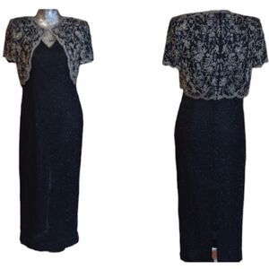 Stenay gown silk beaded maxi dress black with silver shrug v neck 8
